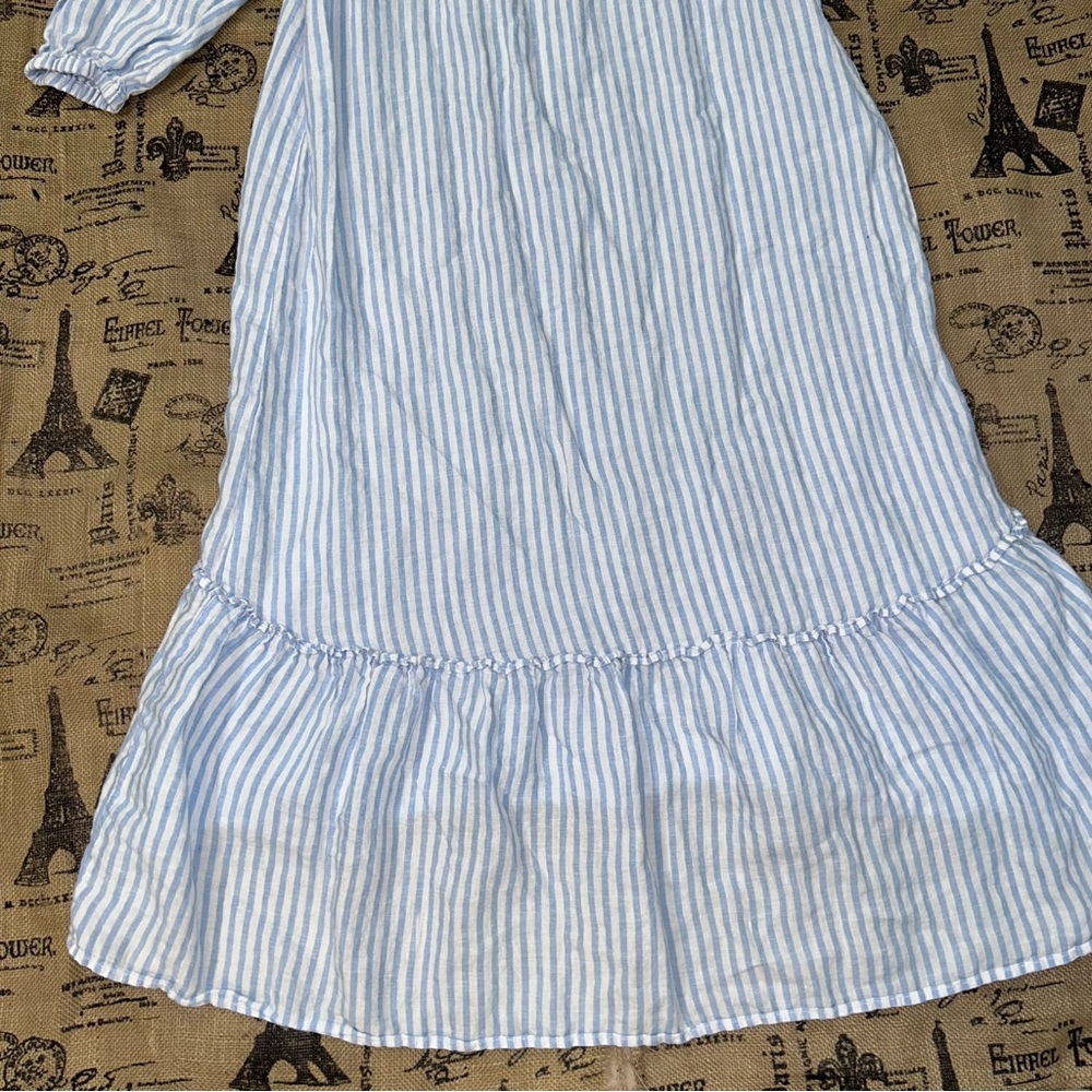 Saks Fifth Avenue 100% Linen Blue White 3/4 Sleeve Off Shoulder Maxi Dress - Picture 11 of 16